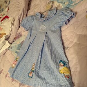 Blue Gingham Kids Dress with Embroidered Animals